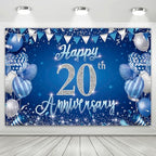 20th Anniversary Party Backdrop Banner, Blue and Silver Theme, Extra Large Photo Background Wall Decor