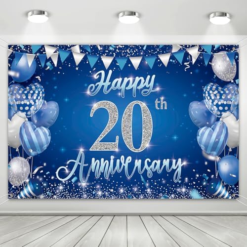 20th Anniversary Party Backdrop Banner, Blue and Silver Theme, Extra Large Photo Background Wall Decor