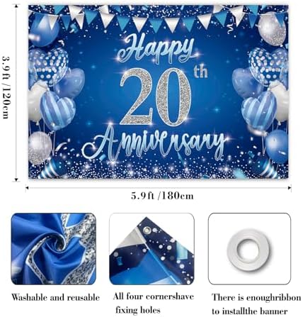 20th Anniversary Party Backdrop Banner, Blue and Silver Theme, Extra Large Photo Background Wall Decor, alternate view 4