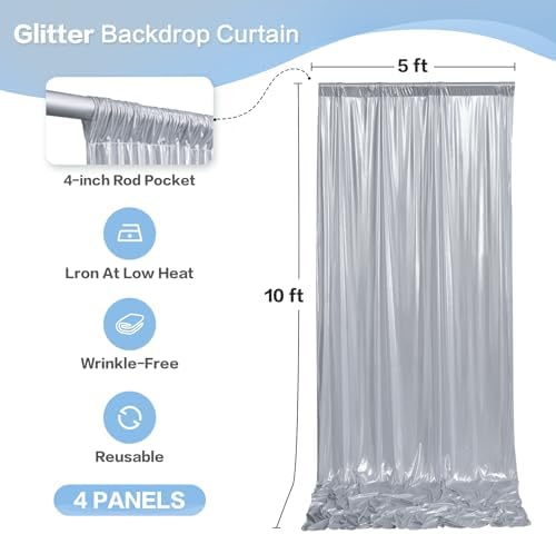 20X10 FT Silver Backdrop Curtain for Parties, Glitter Photo Backdrop Drapes, 4 Panels of 5x10 FT Wrinkle-Free, alternate view