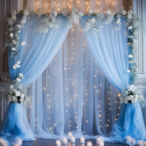 20x10ft Baby Blue Tulle Backdrop Curtain with Lights String for Parites, Sheer Backdrop Curtains for Wedding