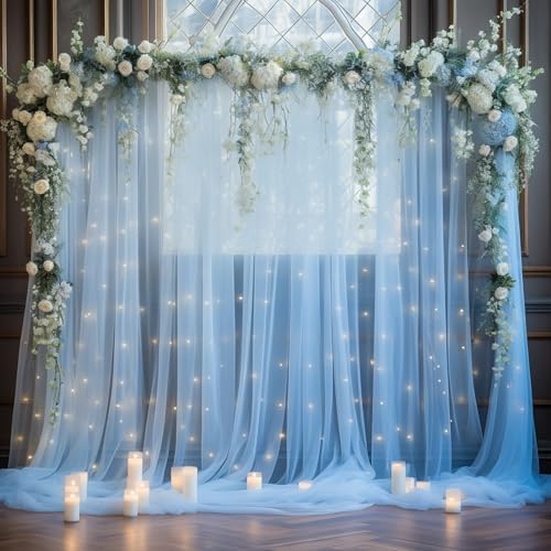 20x10ft Baby Blue Tulle Backdrop Curtain with Lights String for Parites, Sheer Backdrop Curtains for Wedding, alternate view