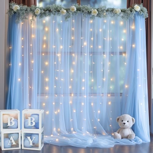 20x10ft Baby Blue Tulle Backdrop Curtain with Lights String for Parites, Sheer Backdrop Curtains for Wedding, alternate view