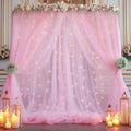 20x10ft Baby Pink Tulle Backdrop Curtain with Lights String for Parites, Sheer Backdrop Curtains for Wedding
