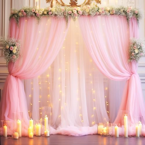 20x10ft Baby Pink Tulle Backdrop Curtain with Lights String for Parites, Sheer Photo Backdrop Curtains with