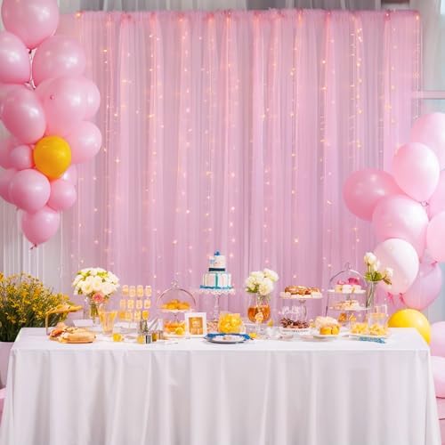 20x10ft Baby Pink Tulle Backdrop Curtain with Lights String for Parites, Sheer Photo Backdrop Curtains with, alternate view 4