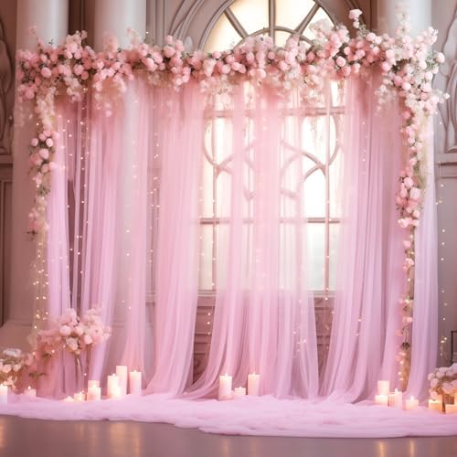 20x10ft Baby Pink Tulle Backdrop Curtain with Lights String for Parites, Sheer Photo Backdrop Curtains with, alternate view 6