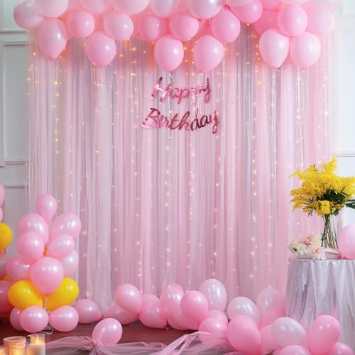 20x10ft Baby Pink Tulle Backdrop Curtain with Lights String for Parites, Sheer Photo Backdrop Curtains with, alternate view 7