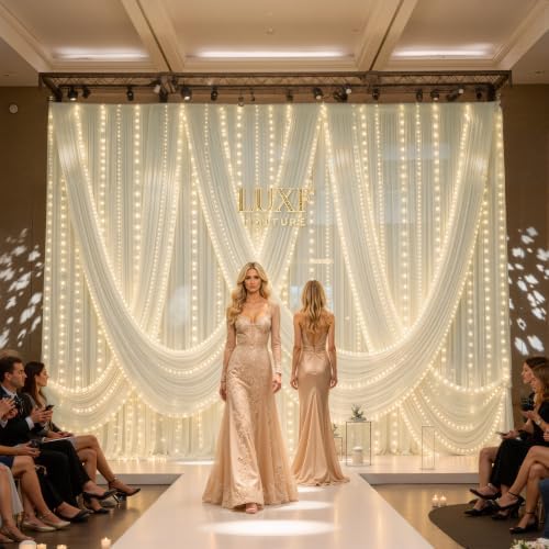 20x10FT Beige Wrinkle Free Backdrop Curtains with Lights String for Parties - Photo Curtain Backdrop with Lights, alternate