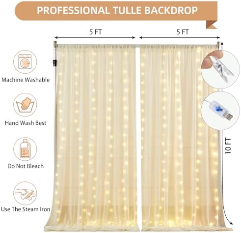 20x10FT Beige Wrinkle Free Backdrop Curtains with Lights String for Parties - Photo Curtain Backdrop with Lights, alternate