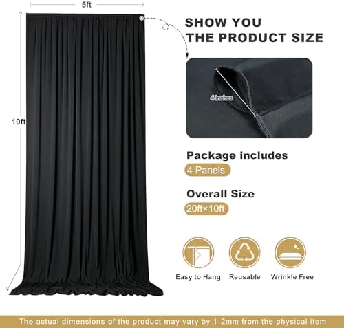 20x10ft Black Backdrop Curtains for Parties, 4 Panels 5x10ft Wrinkle-Free Polyester Background Curtains for, alternate view 4