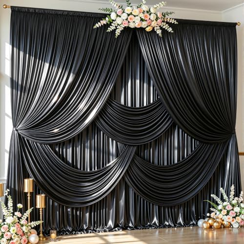 20x10ft Black Glitter Backdrop Curtain for Parties, Wrinkle Free Satin Photo Backdrop Drapes 4 Panels 5x10FT