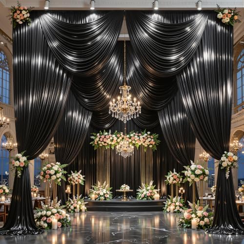 20x10ft Black Glitter Backdrop Curtain for Parties, Wrinkle Free Satin Photo Backdrop Drapes 4 Panels 5x10FT, alternate view