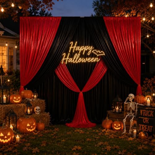 20x10FT Black Red Sequin Backdrop Curtains for Halloween Party in 20x10FT