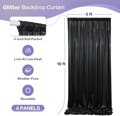 20x10FT Black Sequin Backdrop Curtain - 4 Panels of 5x10FT Wrinkle-Free Glitter Drapes for Photography, alternate view 2
