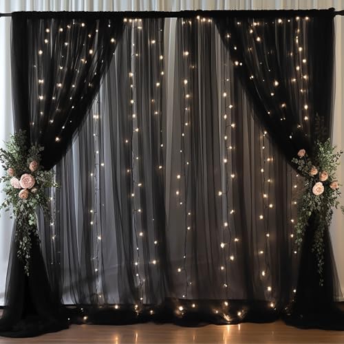 20x10ft Black Tulle Backdrop Curtain with Lights String for Parites, Sheer Backdrop Curtains for Wedding Baby
