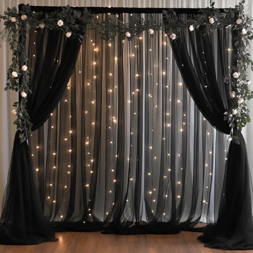 20x10ft Black Tulle Backdrop Curtain with Lights String for Parites, Sheer Photo Backdrop Curtains with Lights
