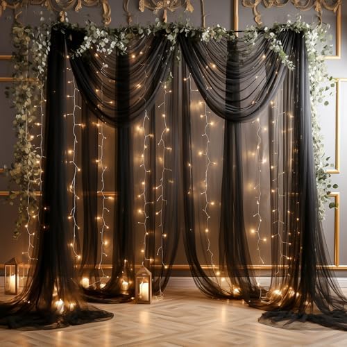 20x10ft Black Tulle Backdrop Curtain with Lights String for Parites, Sheer Photo Backdrop Curtains with Lights, alternate