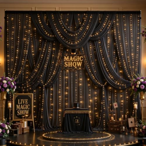 20x10FT Black Wrinkle Free Backdrop Curtains with Lights String for Parties - Photo Curtain Backdrop with Lights, alternate