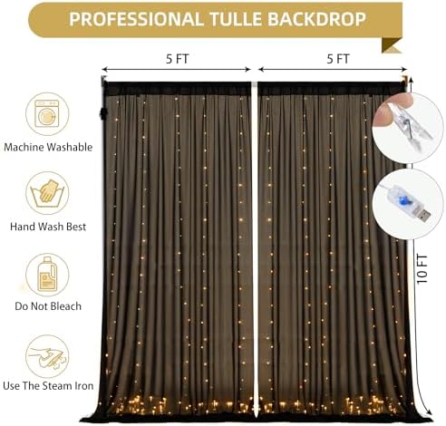 20x10FT Black Wrinkle Free Backdrop Curtains with Lights String for Parties - Photo Curtain Backdrop with Lights, alternate