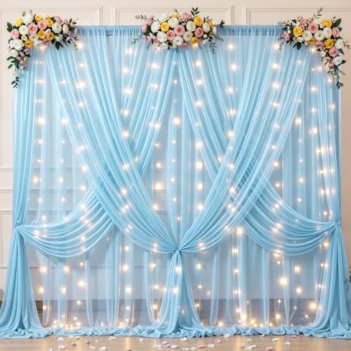 20x10ft Blue Tulle Backdrop Curtains with Lights String for Parties, Wrinkle Free Sheer Curtain with Lights