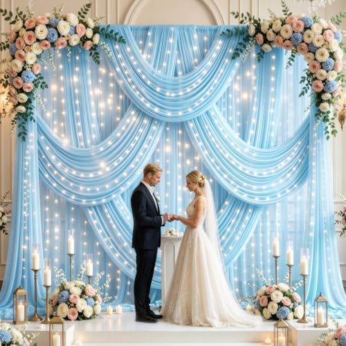 20x10ft Blue Tulle Backdrop Curtains with Lights String for Parties, Wrinkle Free Sheer Curtain with Lights, alternate view 2
