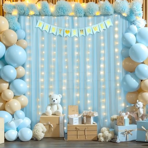 20x10ft Blue Tulle Backdrop Curtains with Lights String for Parties, Wrinkle Free Sheer Curtain with Lights, alternate view 5