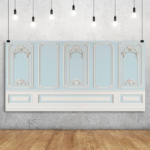 20x10ft Blue White Vintage Room Inside Backdrop European Frame Modern House French Castle Blue Wall Retro Style, alternate