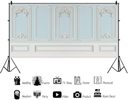 20x10ft Blue White Vintage Room Inside Backdrop European Frame Modern House French Castle Blue Wall Retro Style, alternate