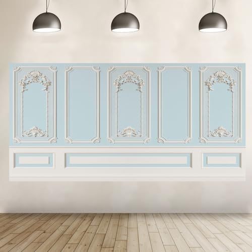 20x10ft Blue White Vintage Room Inside Backdrop European Frame Modern House French Castle Blue Wall Retro Style, alternate