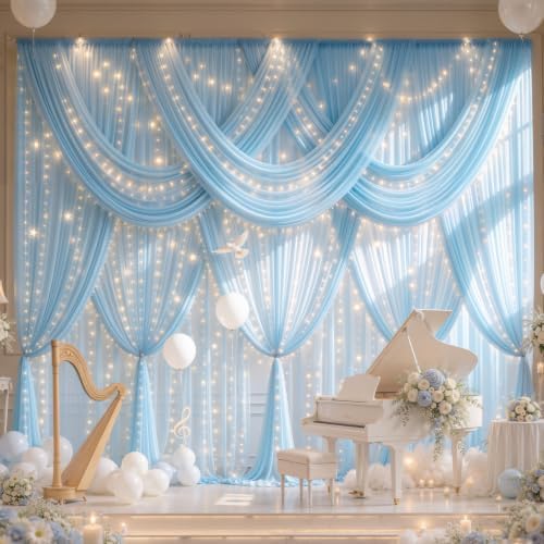 20x10FT Blue Wrinkle Free Backdrop Curtains with Lights String for Parties - Photo Curtain Backdrop with Lights, alternate