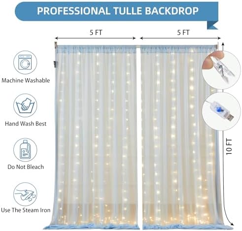 20x10FT Blue Wrinkle Free Backdrop Curtains with Lights String for Parties - Photo Curtain Backdrop with Lights, alternate