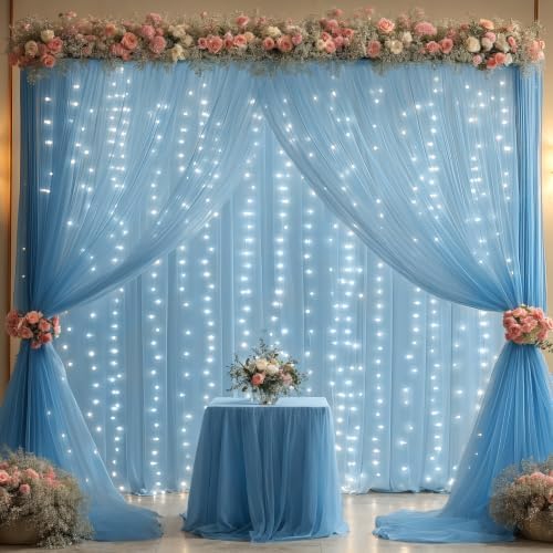 20x10FT Blue Wrinkle Free Backdrop Curtains with Lights String for Parties - Photo Curtain Backdrop with Lights, alternate