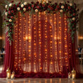 20x10ft Burgundy Tulle Backdrop Curtain with Lights String for Parites, Sheer Photo Backdrop Curtains with
