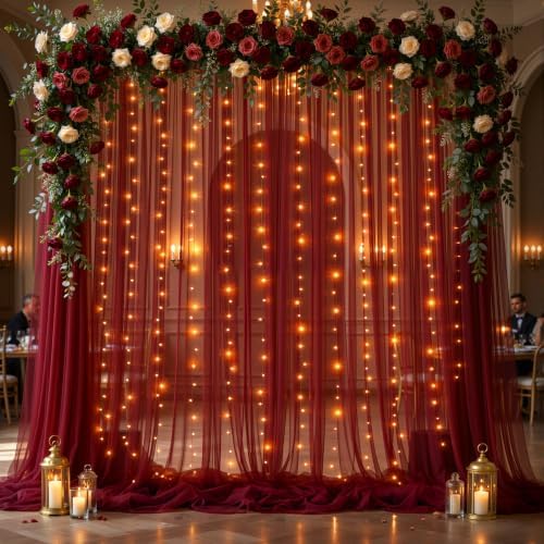 20x10ft Burgundy Tulle Backdrop Curtain with Lights String for Parites, Sheer Photo Backdrop Curtains with