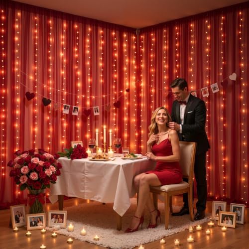 20x10ft Burgundy Tulle Backdrop Curtain with Lights String for Parites, Sheer Photo Backdrop Curtains with, alternate view 2