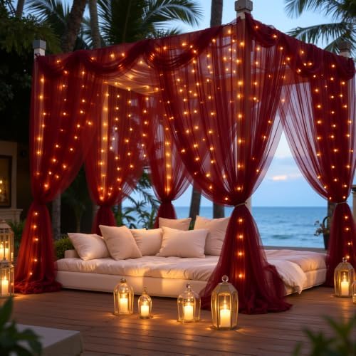 20x10ft Burgundy Tulle Backdrop Curtain with Lights String for Parites, Sheer Photo Backdrop Curtains with, alternate view 3