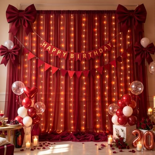 20x10ft Burgundy Tulle Backdrop Curtain with Lights String for Parites, Sheer Photo Backdrop Curtains with, alternate view 5