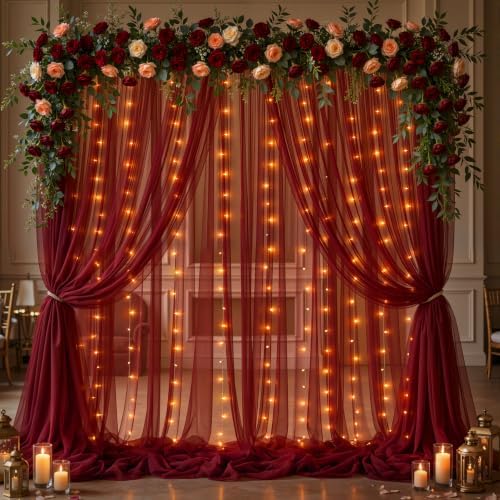 20x10ft Burgundy Tulle Backdrop Curtain with Lights String for Parites, Sheer Photo Backdrop Curtains with, alternate view 7