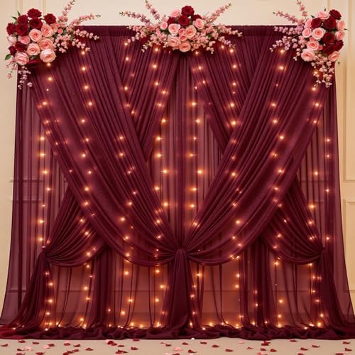 20x10ft Burgundy Tulle Backdrop Curtains with Lights String for Parties, Wrinkle Free Shiny Sheer Curtain