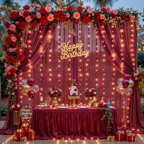 20x10ft Burgundy Tulle Backdrop Curtains with Lights String for Parties, Wrinkle Free Shiny Sheer Curtain, alternate view 2