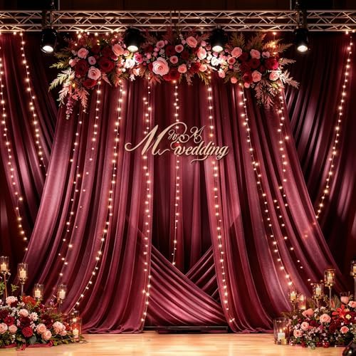 20x10ft Burgundy Tulle Backdrop Curtains with Lights String for Parties, Wrinkle Free Shiny Sheer Curtain, alternate view 3
