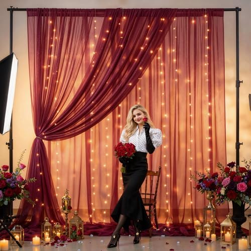 20x10ft Burgundy Tulle Backdrop Curtains with Lights String for Parties, Wrinkle Free Shiny Sheer Curtain, alternate view 5