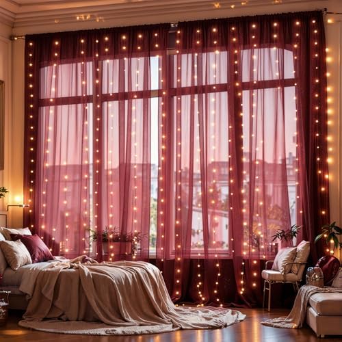 20x10ft Burgundy Tulle Backdrop Curtains with Lights String for Parties, Wrinkle Free Shiny Sheer Curtain, alternate view 6