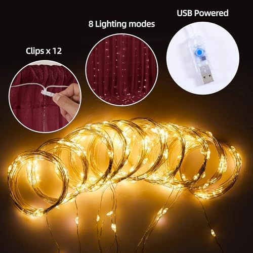 20x10ft Burgundy Tulle Backdrop Curtains with Lights String for Parties, Wrinkle Free Shiny Sheer Curtain, alternate view 7