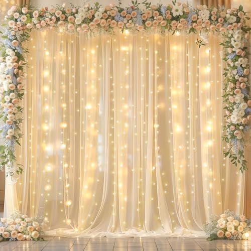 20x10ft Champagne Chiffon Backdrop Curtain with Lights String for Wedding Sheer Tulle Curtain Photo Backdrops