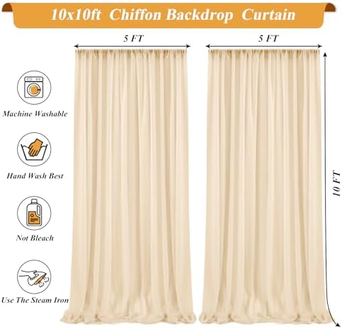 20x10ft Champagne Chiffon Backdrop Curtain with Lights String for Wedding Sheer Tulle Curtain Photo Backdrops, alternate view