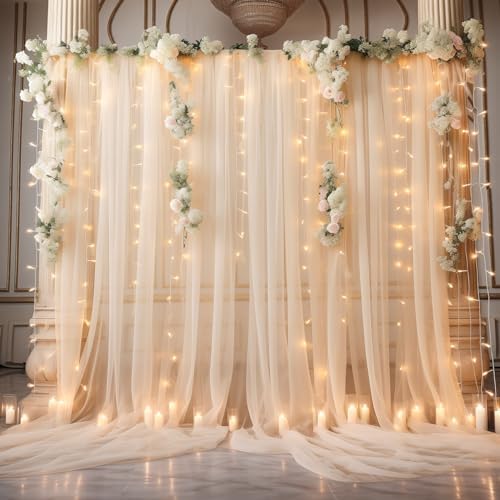 20x10ft Champagne Tulle Backdrop Curtain with Lights String for Parites, Sheer Photo Backdrop Curtains with, alternate view 2