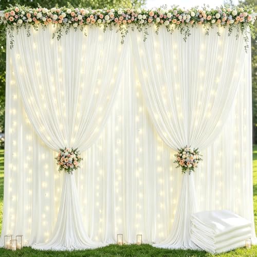 20x10ft Cream White Backdrop Curtains with Lights String for Parties in 5'(W) x 10'(H),4 panels in Cream White