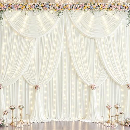 20x10ft Cream White Backdrop Curtains with Lights String for Parties in 5'(W) x 10'(H),4 panels in Cream White, alternate